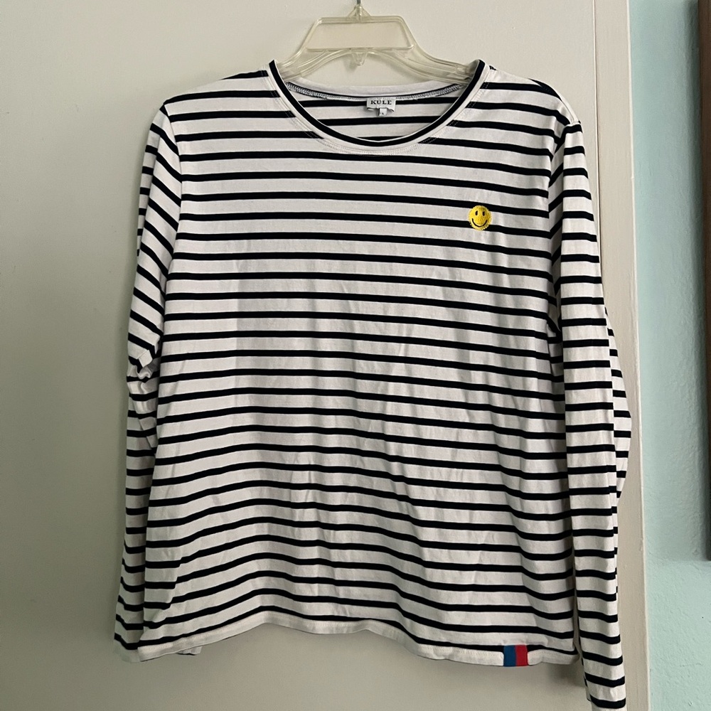 Black and White Striped KULE Shirt with Smiley Patch